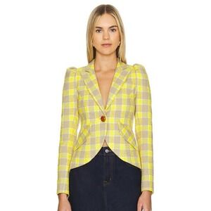 SMYTHE Size 0 One Button Plaid Blazer Puff Sleeve Gray Yellow Check *Never worn*